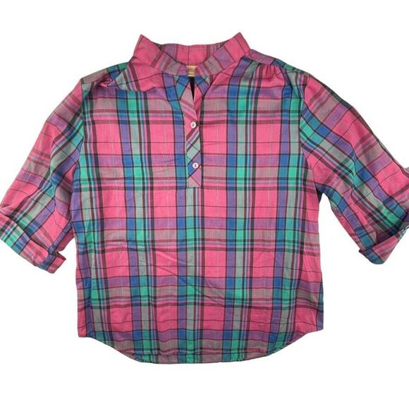 Vintage 1970s women's plaid shirt button henley 3/4 sleeve The Fox Collection - Picture 1 of 3